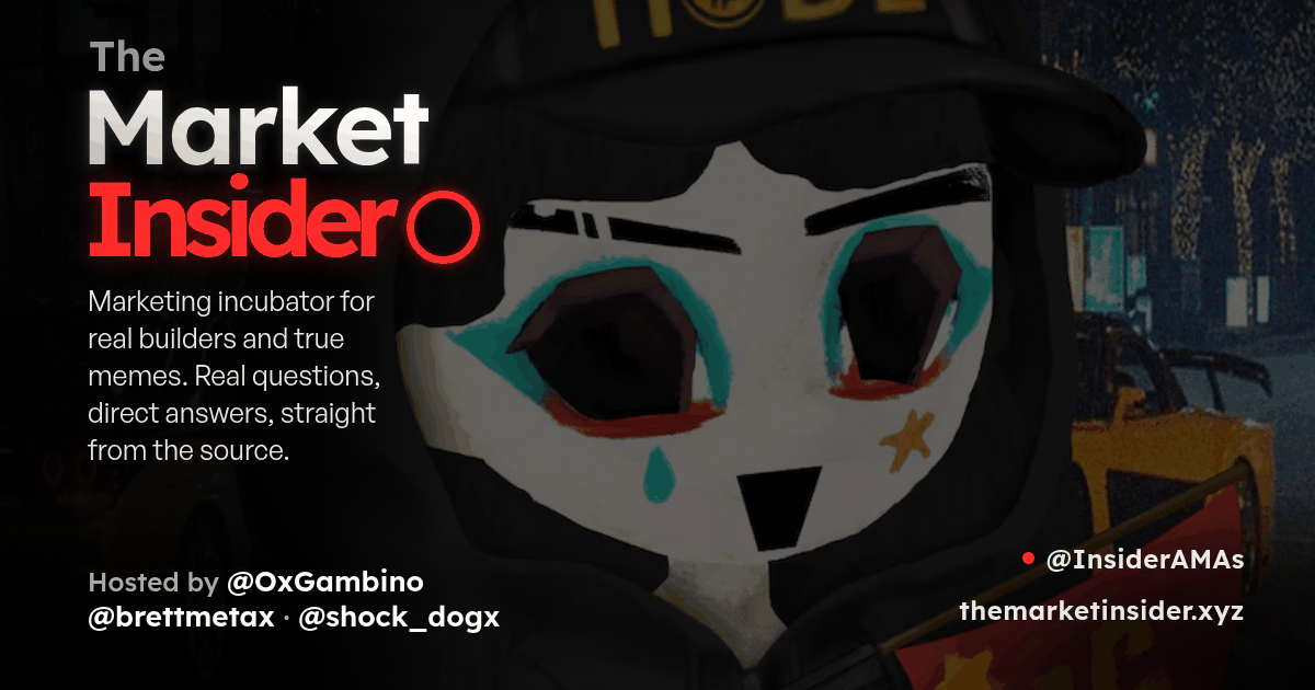The Market Insider share card: hooded HODL-cap artwork with the red ring title, hosted by @OxGambino with @brettmetax and @shock_dogx.